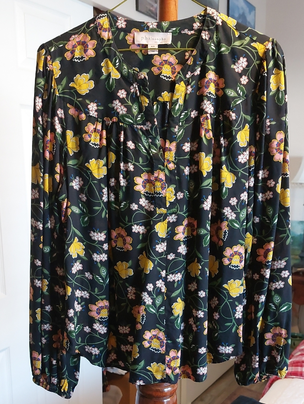 Philosophy Black V-neck Blouse With Gold And Coral Flowers